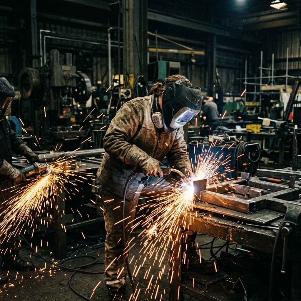 Industrial worker with angle grinder